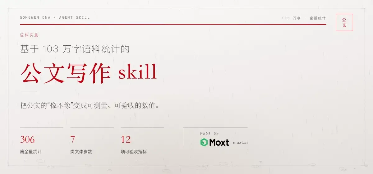 公文写作 skill:通过 102 万字语料提炼,把公文写作风格变成可测量、可验收的量化数据