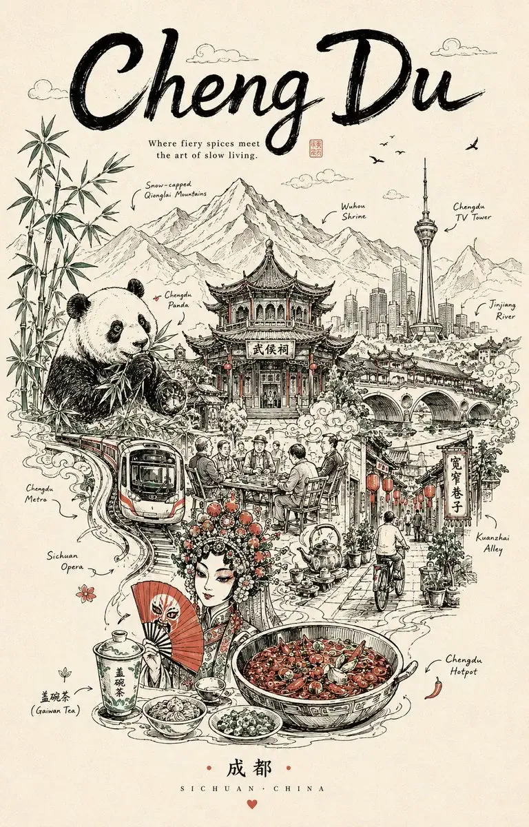 手绘旅行日志风格海报
